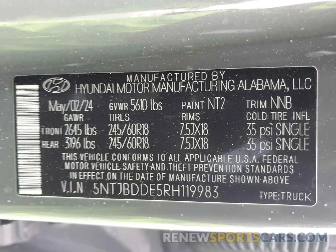 14 fotografías del automóvil dañado 5NTJBDDE5RH119983 HYUNDAI SANTA CRUZ 2024