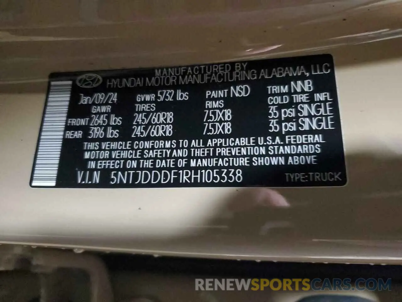 13 fotografías del automóvil dañado 5NTJDDDF1RH105338 HYUNDAI SANTA CRUZ 2024