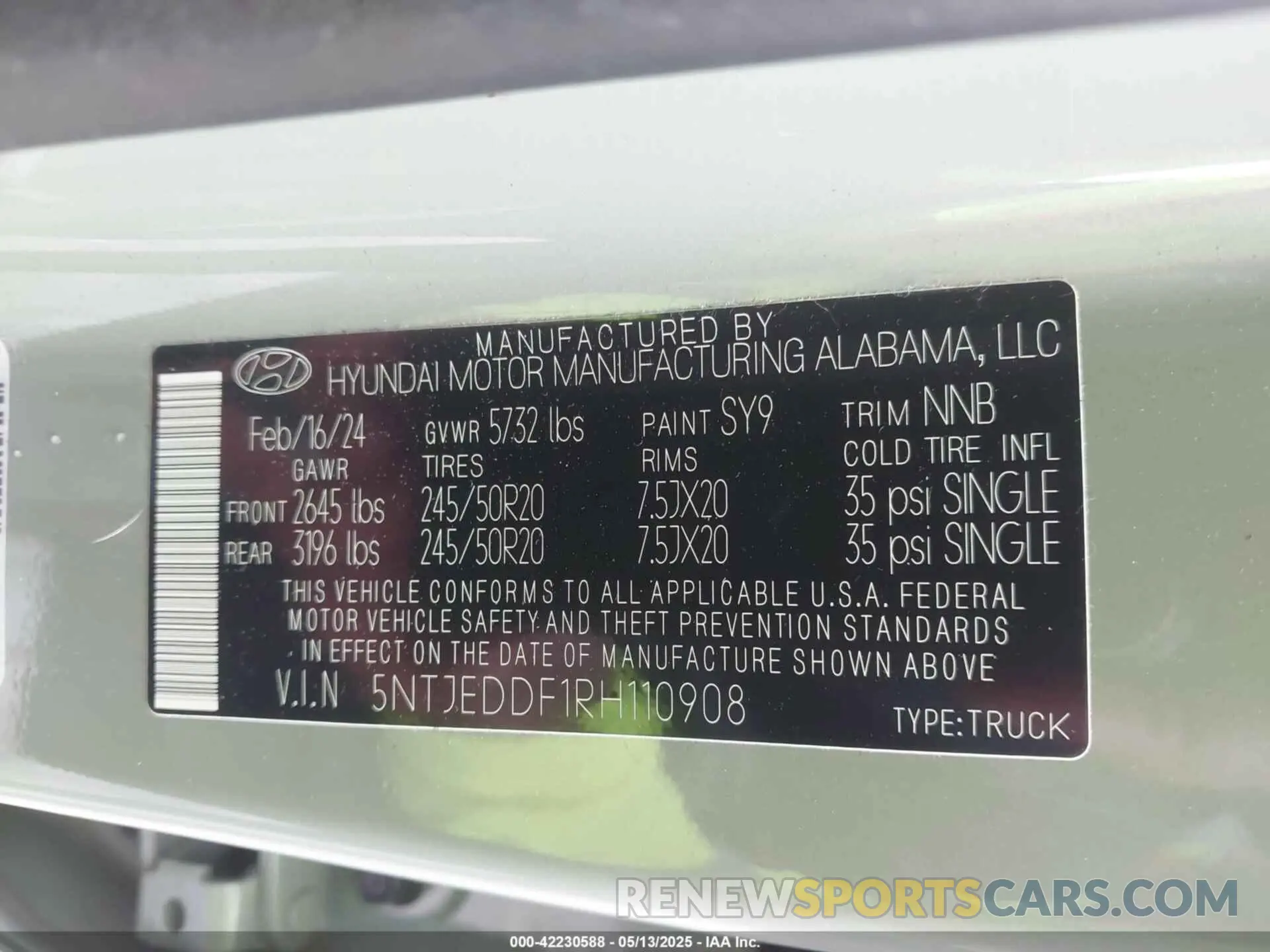 9 fotografías del automóvil dañado 5NTJEDDF1RH110908 HYUNDAI SANTA CRUZ 2024