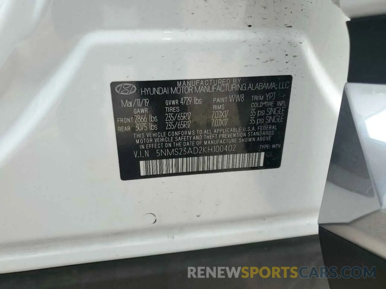 13 fotografías del automóvil dañado 5NMS23AD2KH100402 HYUNDAI SANTA FE 2019