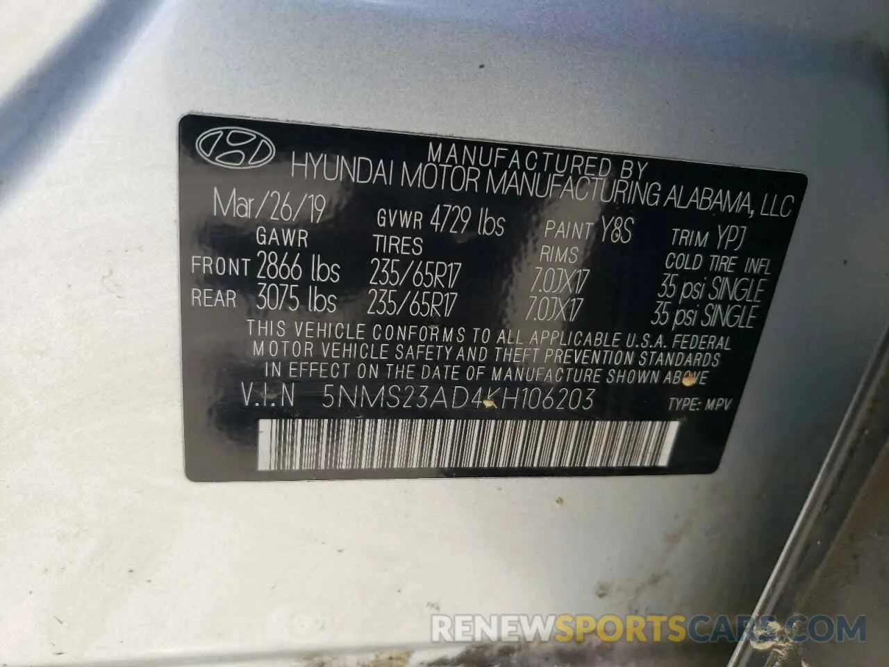 14 fotografías del automóvil dañado 5NMS23AD4KH106203 HYUNDAI SANTA FE 2019