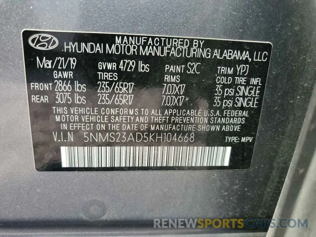 12 fotografías del automóvil dañado 5NMS23AD5KH104668 HYUNDAI SANTA FE 2019