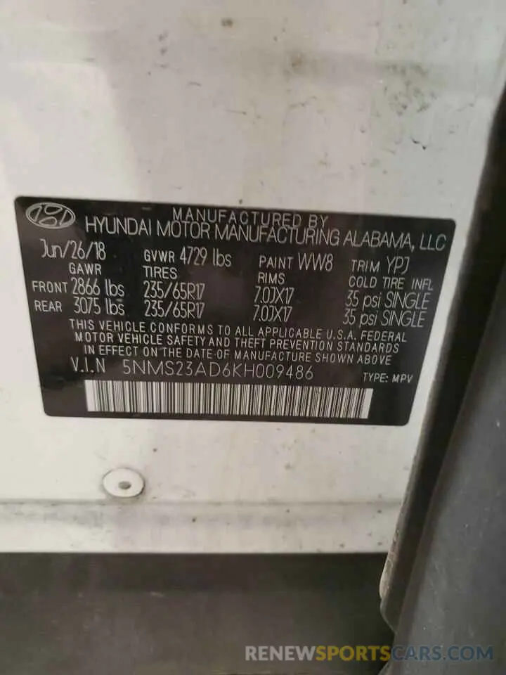 13 fotografías del automóvil dañado 5NMS23AD6KH009486 HYUNDAI SANTA FE 2019