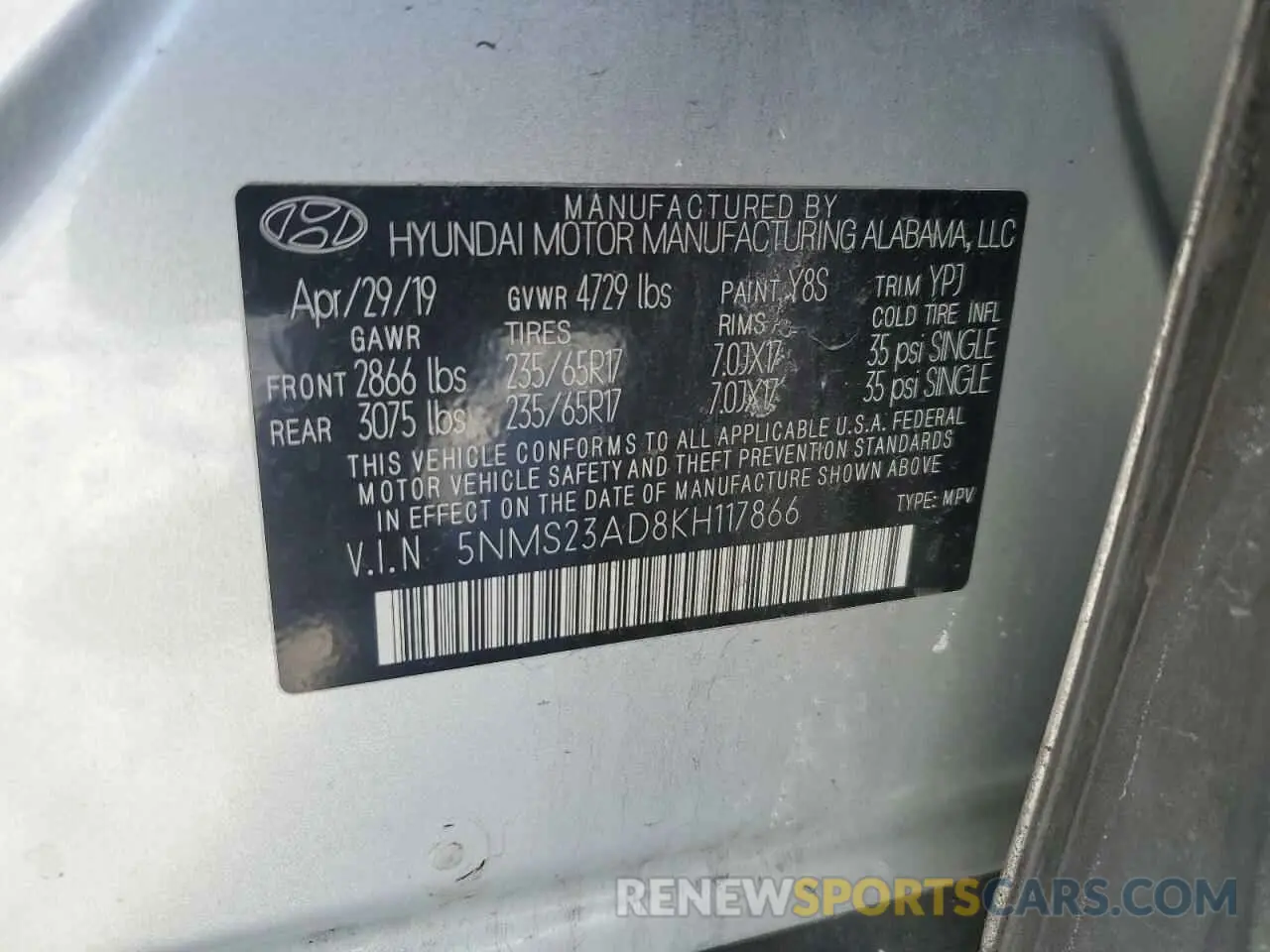 13 fotografías del automóvil dañado 5NMS23AD8KH117866 HYUNDAI SANTA FE 2019