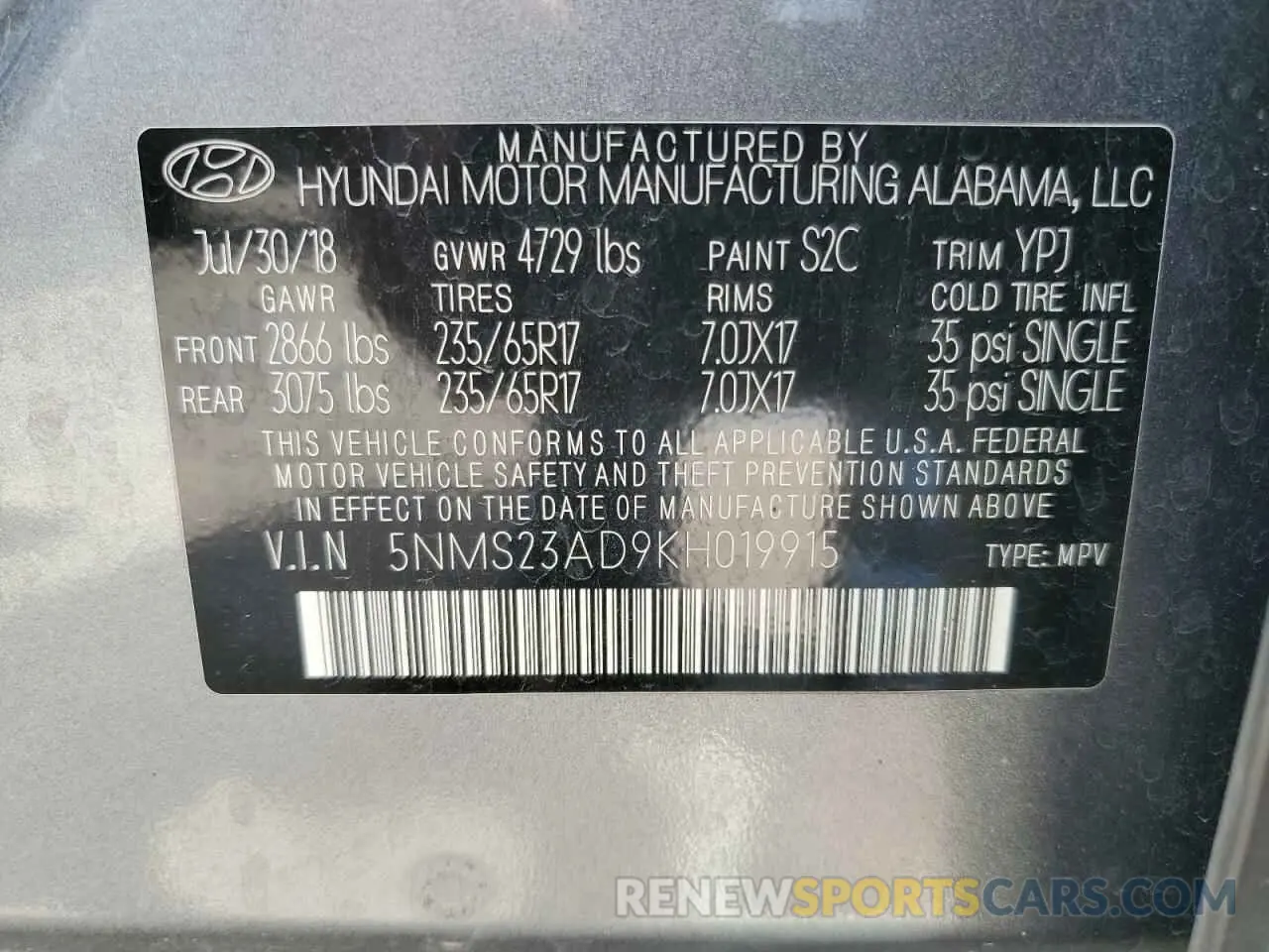 13 fotografías del automóvil dañado 5NMS23AD9KH019915 HYUNDAI SANTA FE 2019