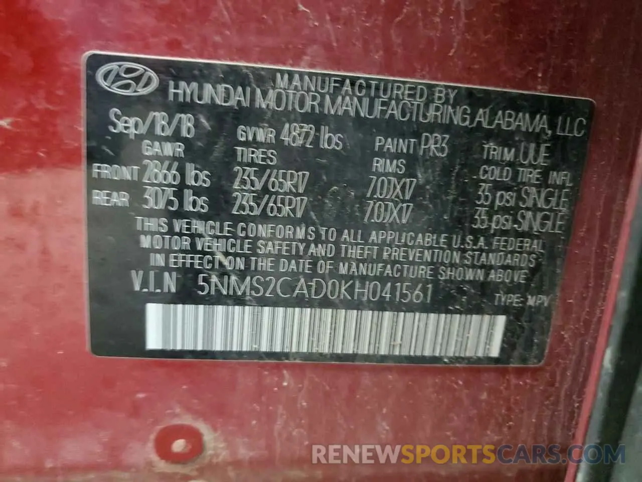 15 fotografías del automóvil dañado 5NMS2CAD0KH041561 HYUNDAI SANTA FE 2019