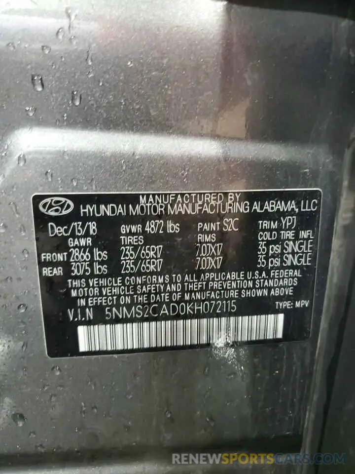 13 fotografías del automóvil dañado 5NMS2CAD0KH072115 HYUNDAI SANTA FE 2019