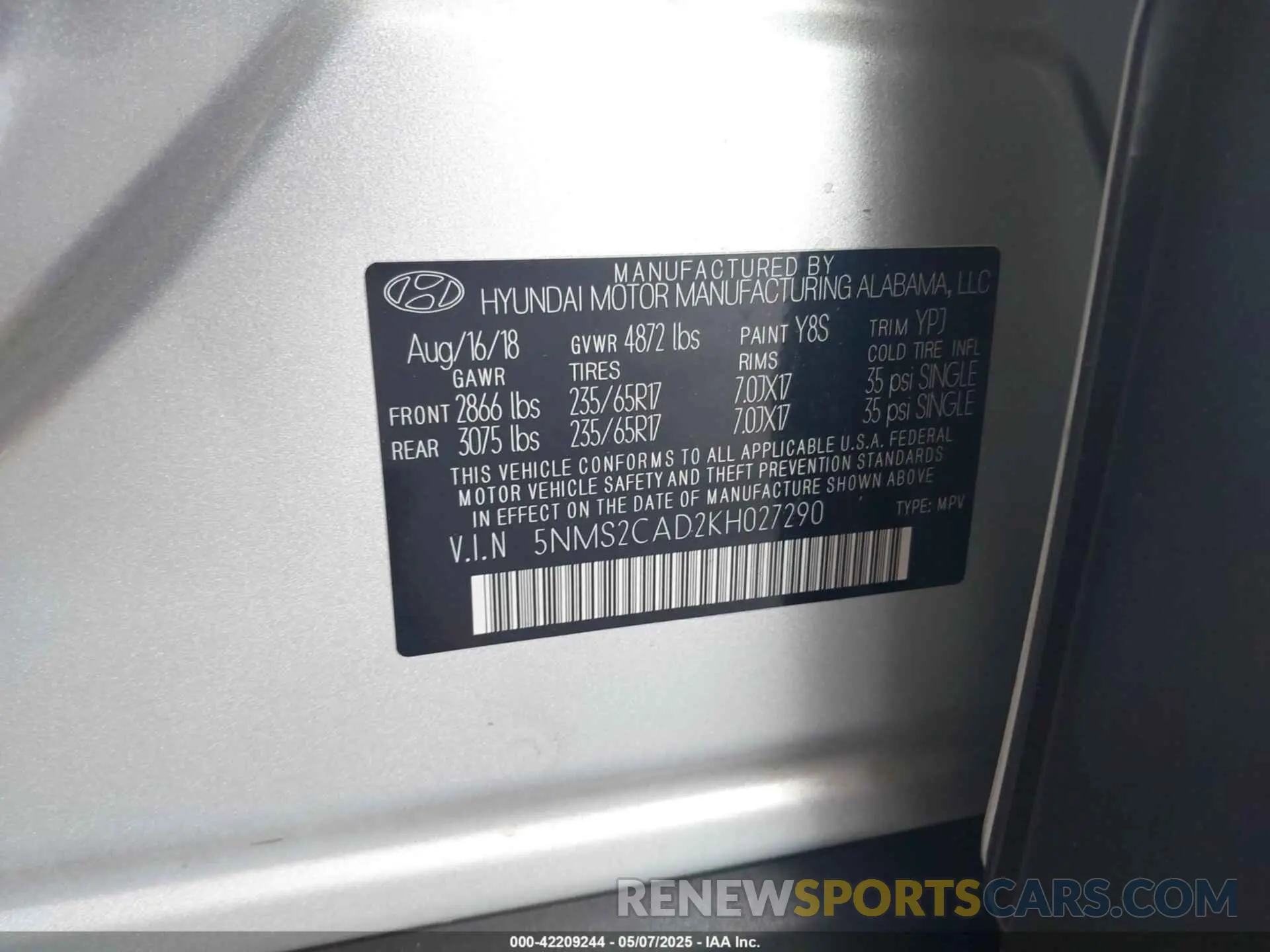9 fotografías del automóvil dañado 5NMS2CAD2KH027290 HYUNDAI SANTA FE 2019