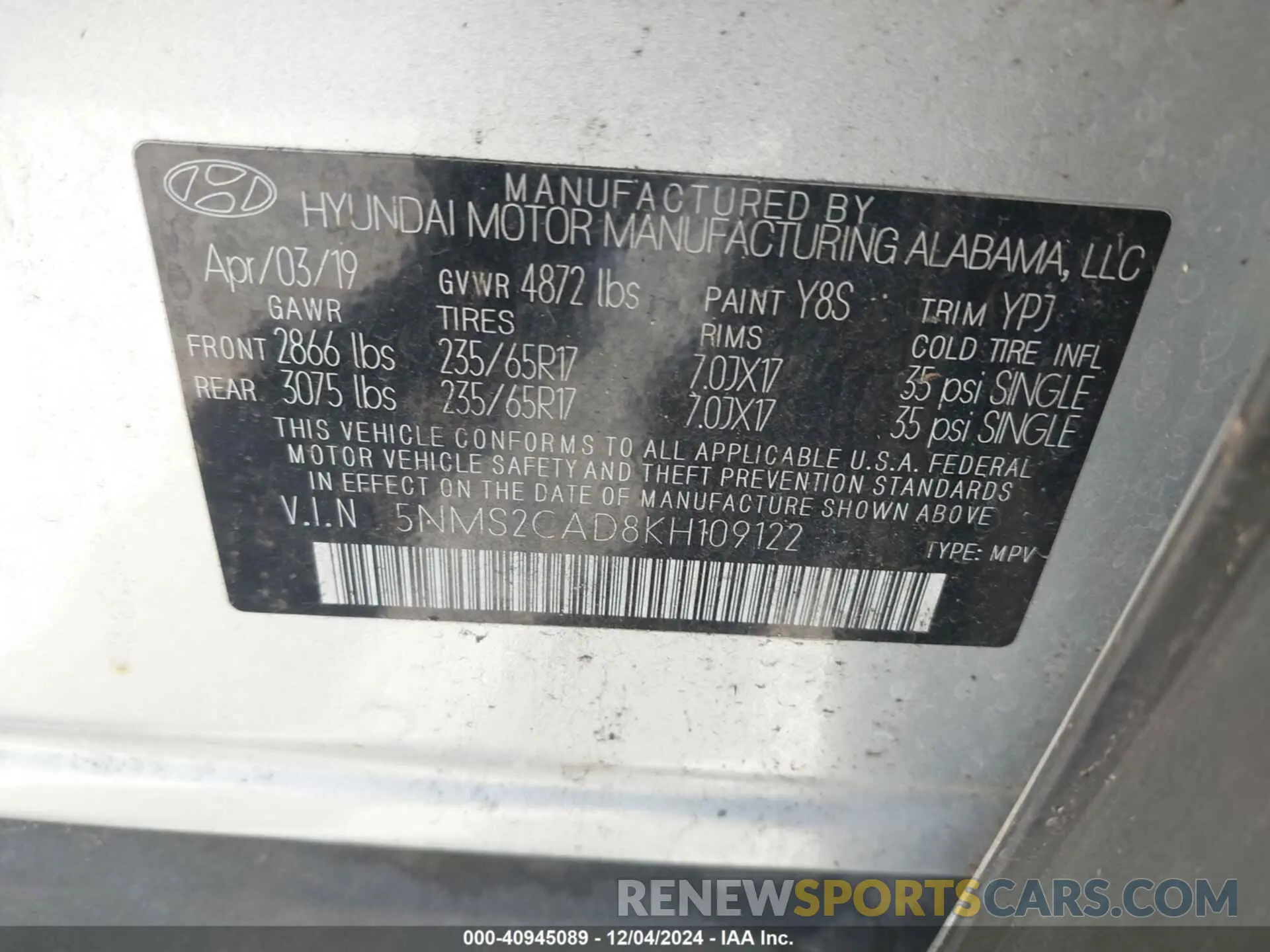 9 fotografías del automóvil dañado 5NMS2CAD8KH109122 HYUNDAI SANTA FE 2019