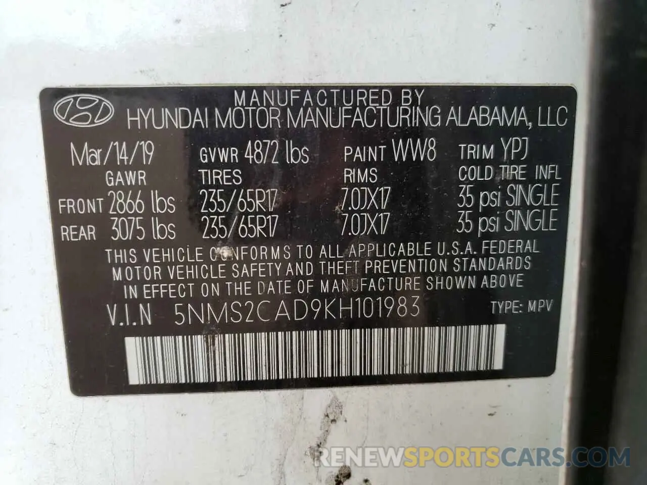 13 fotografías del automóvil dañado 5NMS2CAD9KH101983 HYUNDAI SANTA FE 2019