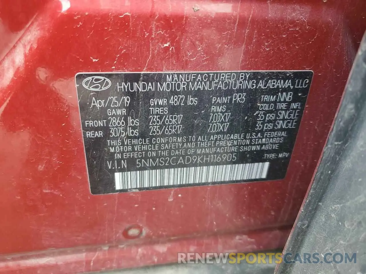 12 fotografías del automóvil dañado 5NMS2CAD9KH116905 HYUNDAI SANTA FE 2019