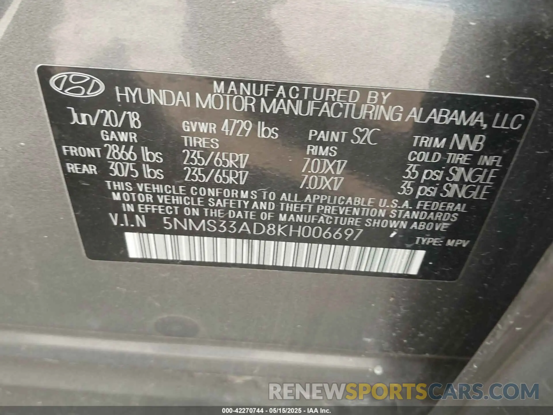 9 fotografías del automóvil dañado 5NMS33AD8KH006697 HYUNDAI SANTA FE 2019