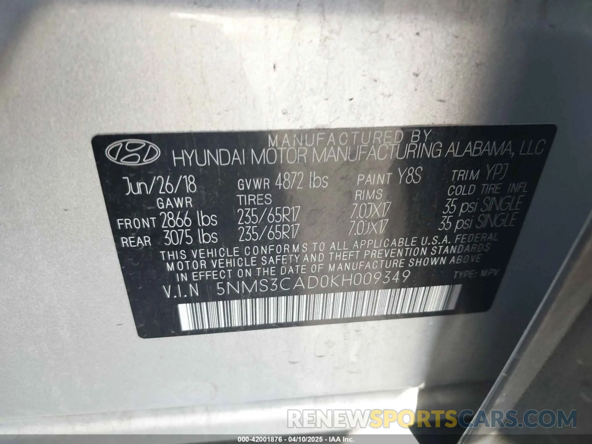 9 fotografías del automóvil dañado 5NMS3CAD0KH009349 HYUNDAI SANTA FE 2019