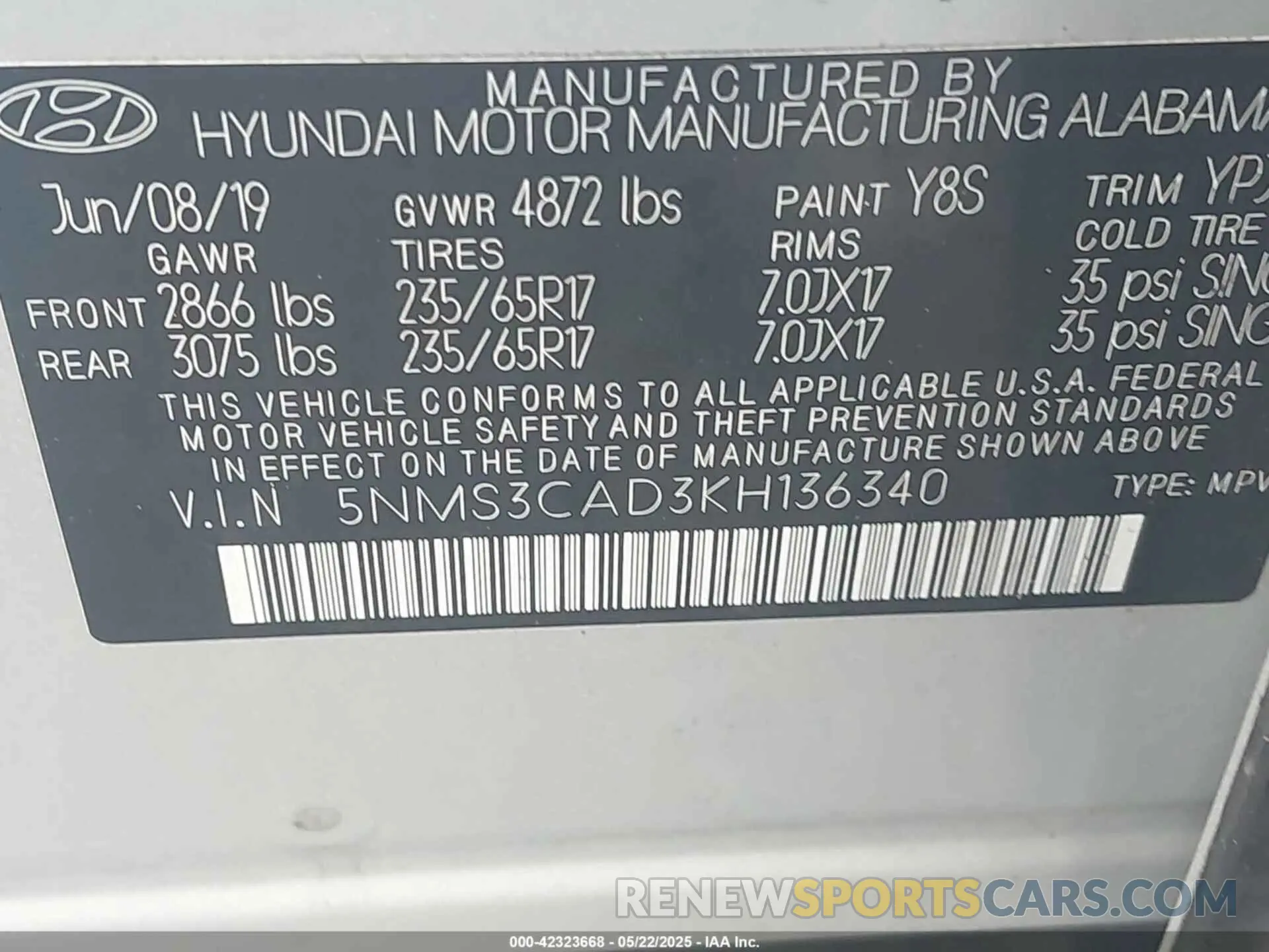9 fotografías del automóvil dañado 5NMS3CAD3KH136340 HYUNDAI SANTA FE 2019