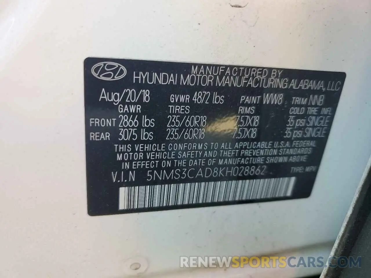 13 fotografías del automóvil dañado 5NMS3CAD8KH028862 HYUNDAI SANTA FE 2019