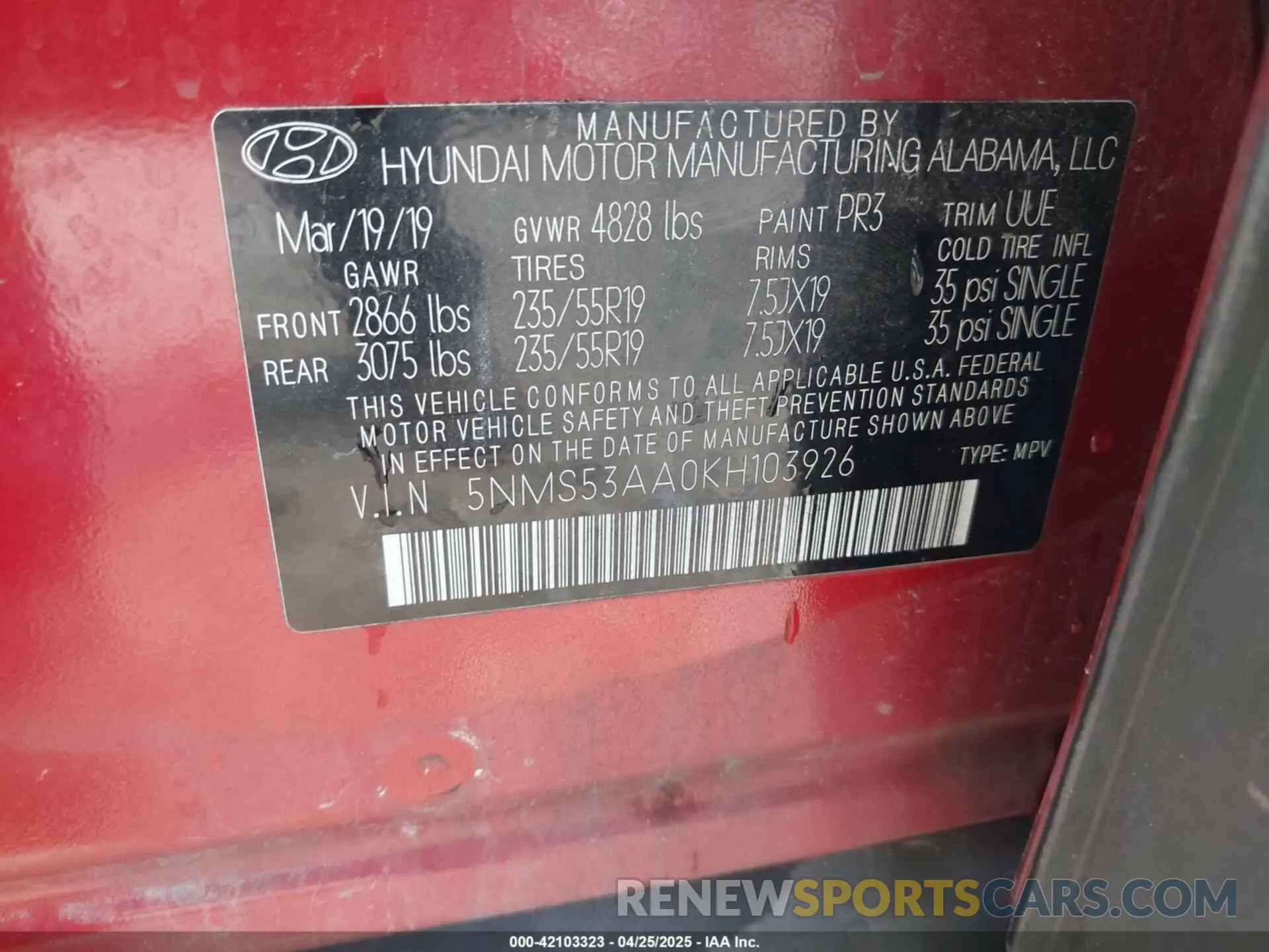 9 fotografías del automóvil dañado 5NMS53AA0KH103926 HYUNDAI SANTA FE 2019