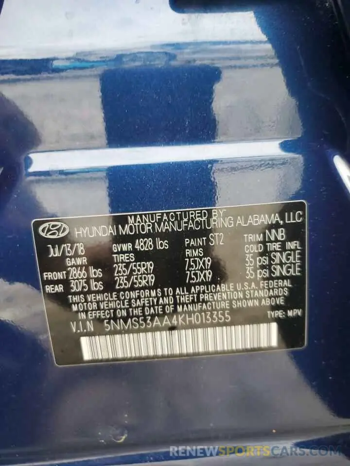 14 fotografías del automóvil dañado 5NMS53AA4KH013355 HYUNDAI SANTA FE 2019