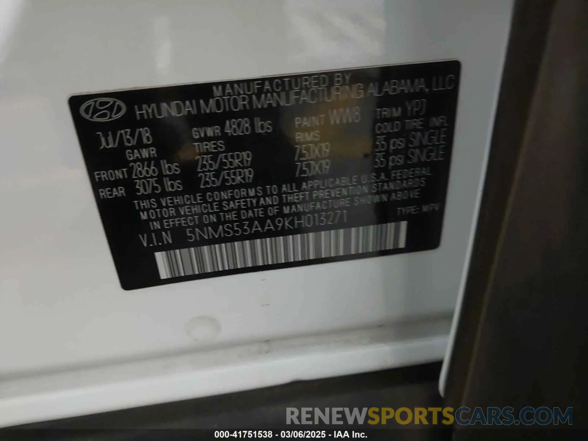 9 fotografías del automóvil dañado 5NMS53AA9KH013271 HYUNDAI SANTA FE 2019