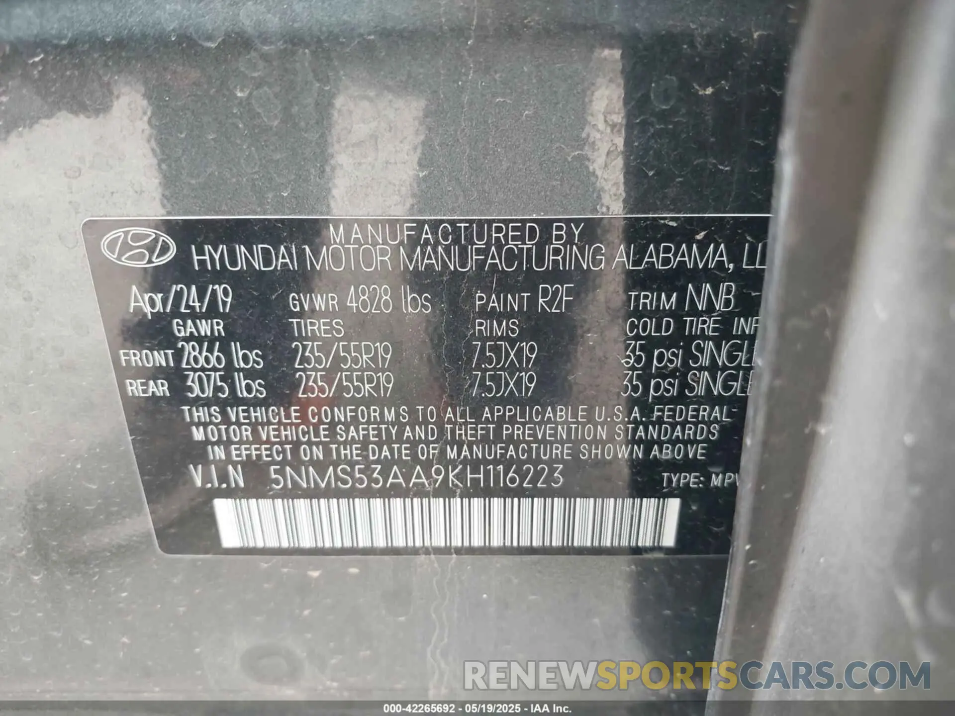 9 fotografías del automóvil dañado 5NMS53AA9KH116223 HYUNDAI SANTA FE 2019