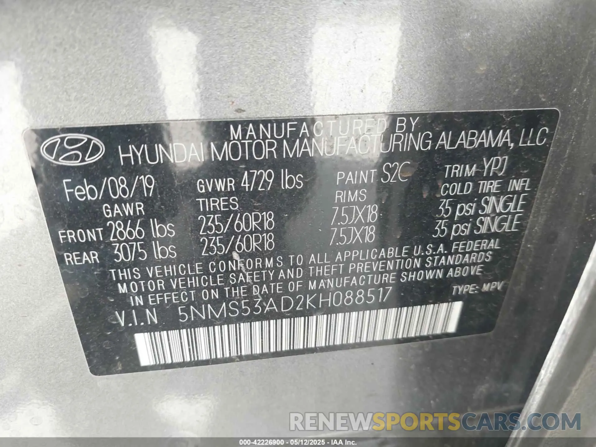 9 fotografías del automóvil dañado 5NMS53AD2KH088517 HYUNDAI SANTA FE 2019