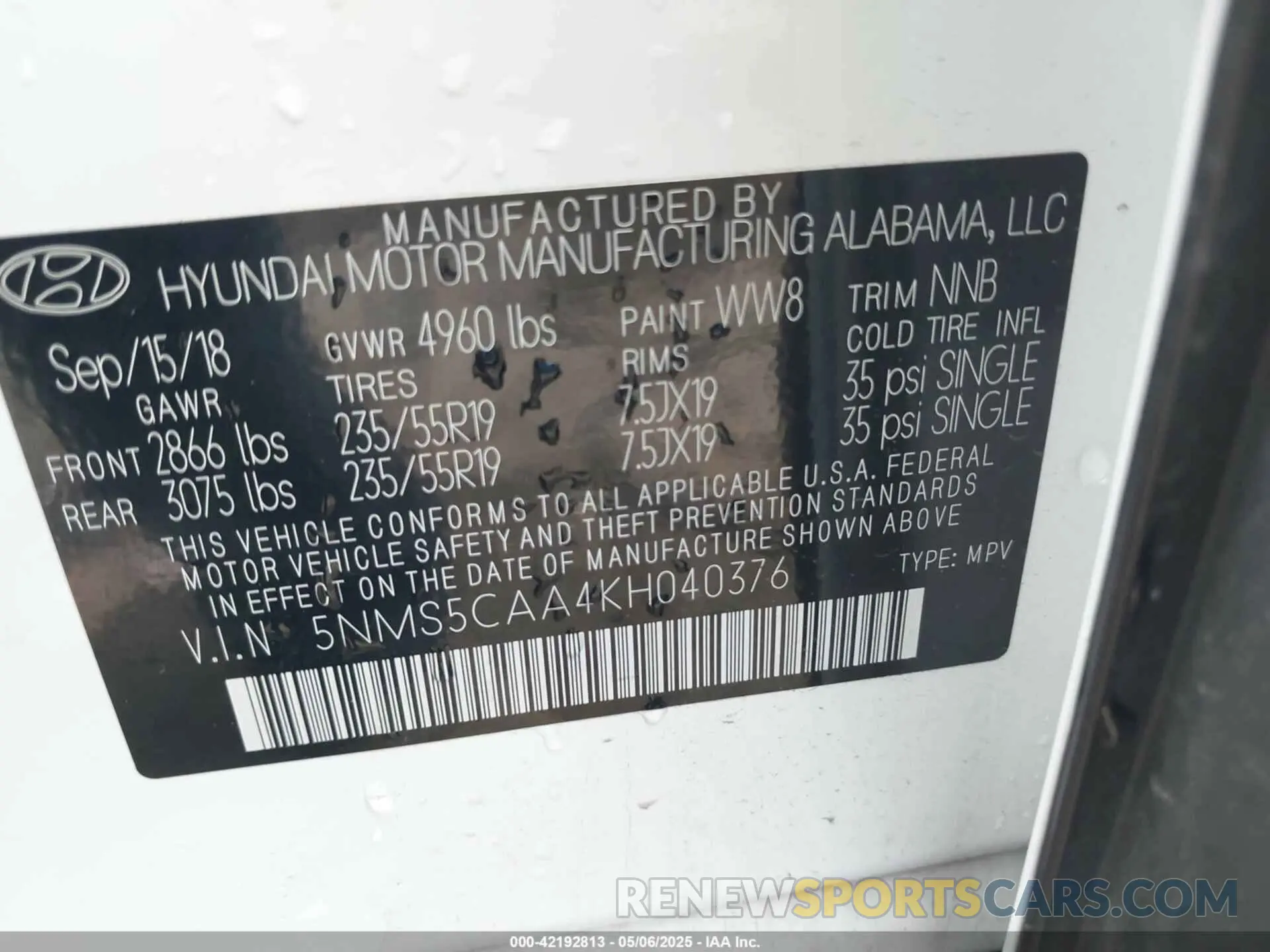 9 fotografías del automóvil dañado 5NMS5CAA4KH040376 HYUNDAI SANTA FE 2019