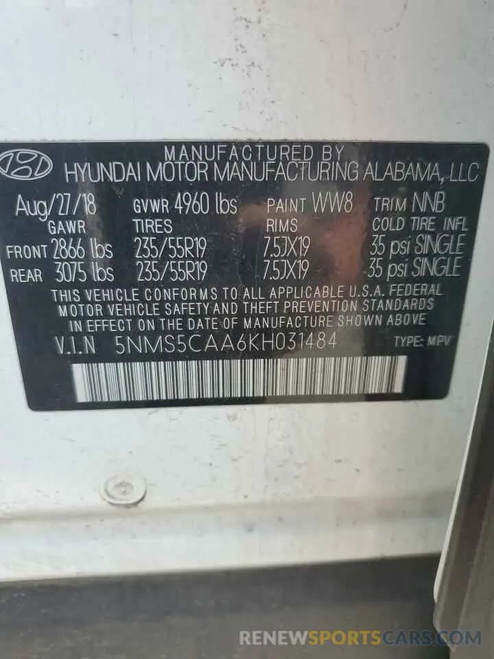14 fotografías del automóvil dañado 5NMS5CAA6KH031484 HYUNDAI SANTA FE 2019