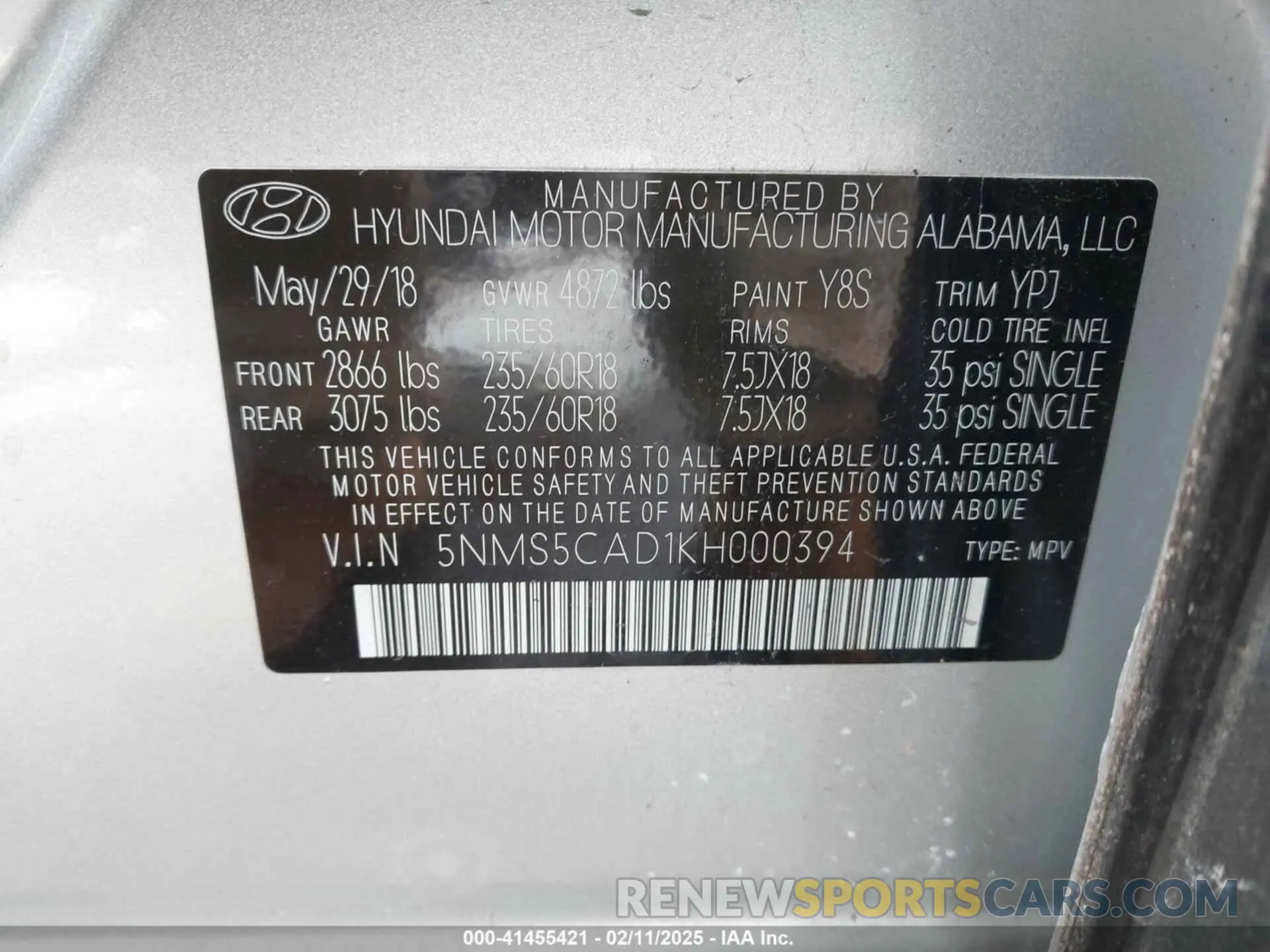 9 fotografías del automóvil dañado 5NMS5CAD1KH000394 HYUNDAI SANTA FE 2019