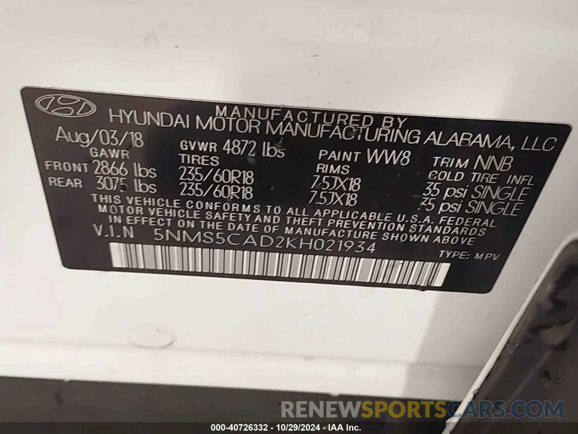 9 fotografías del automóvil dañado 5NMS5CAD2KH021934 HYUNDAI SANTA FE 2019