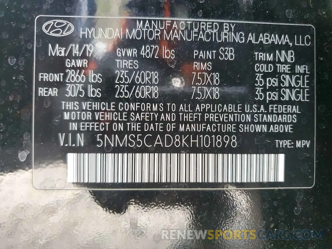 15 fotografías del automóvil dañado 5NMS5CAD8KH101898 HYUNDAI SANTA FE 2019