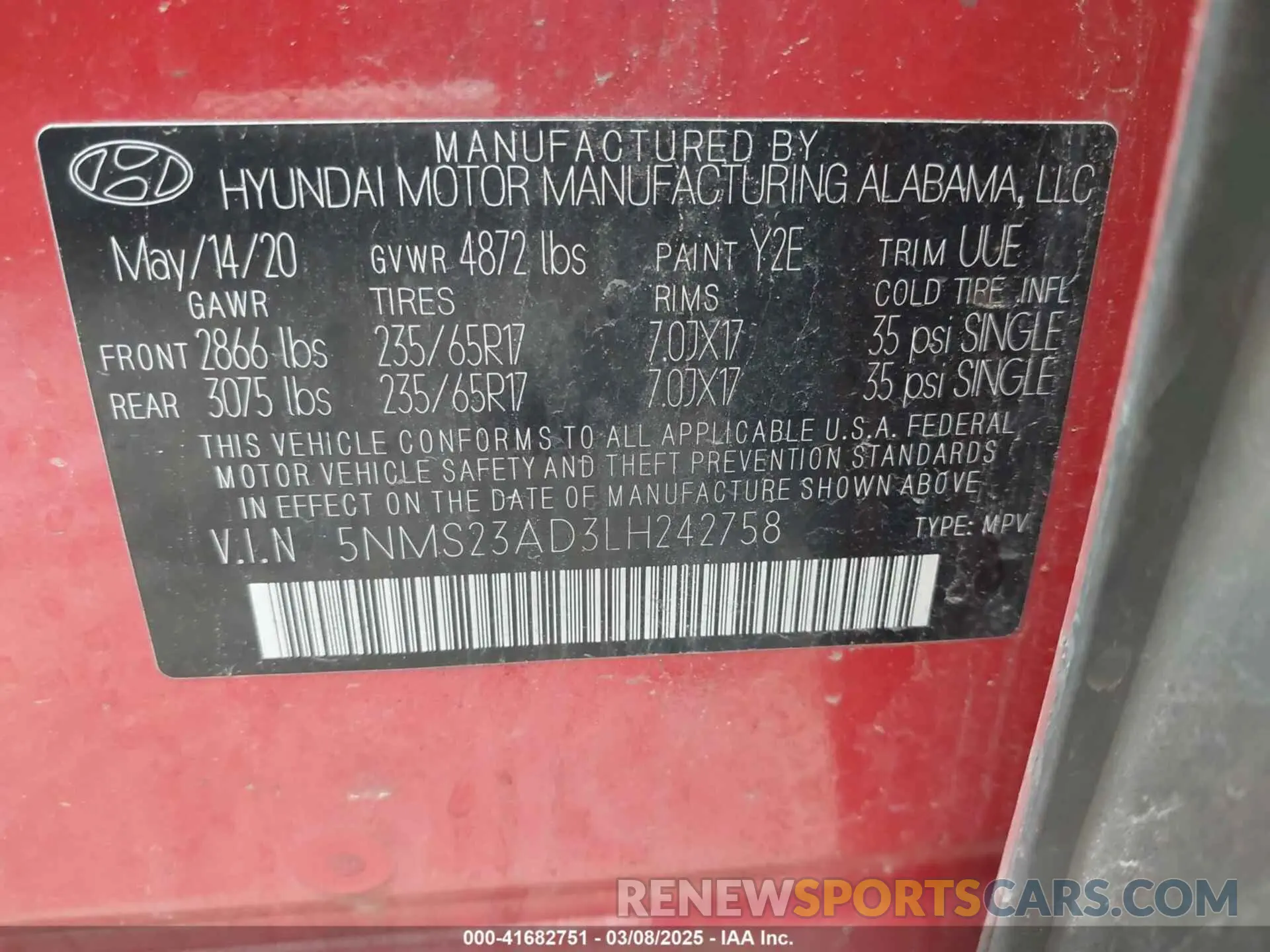 9 fotografías del automóvil dañado 5NMS23AD3LH242758 HYUNDAI SANTA FE 2020