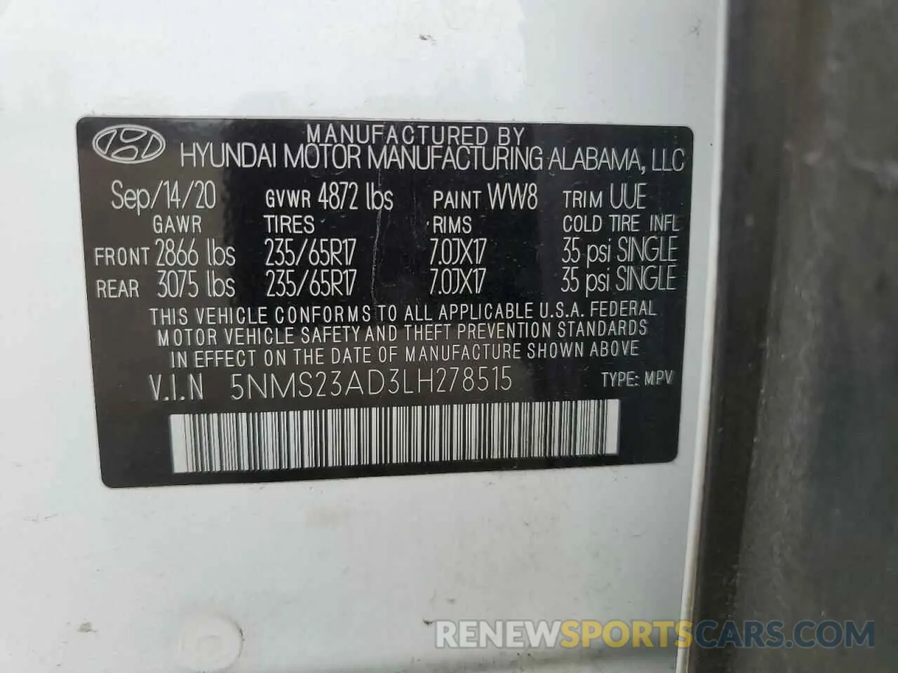 14 fotografías del automóvil dañado 5NMS23AD3LH278515 HYUNDAI SANTA FE 2020