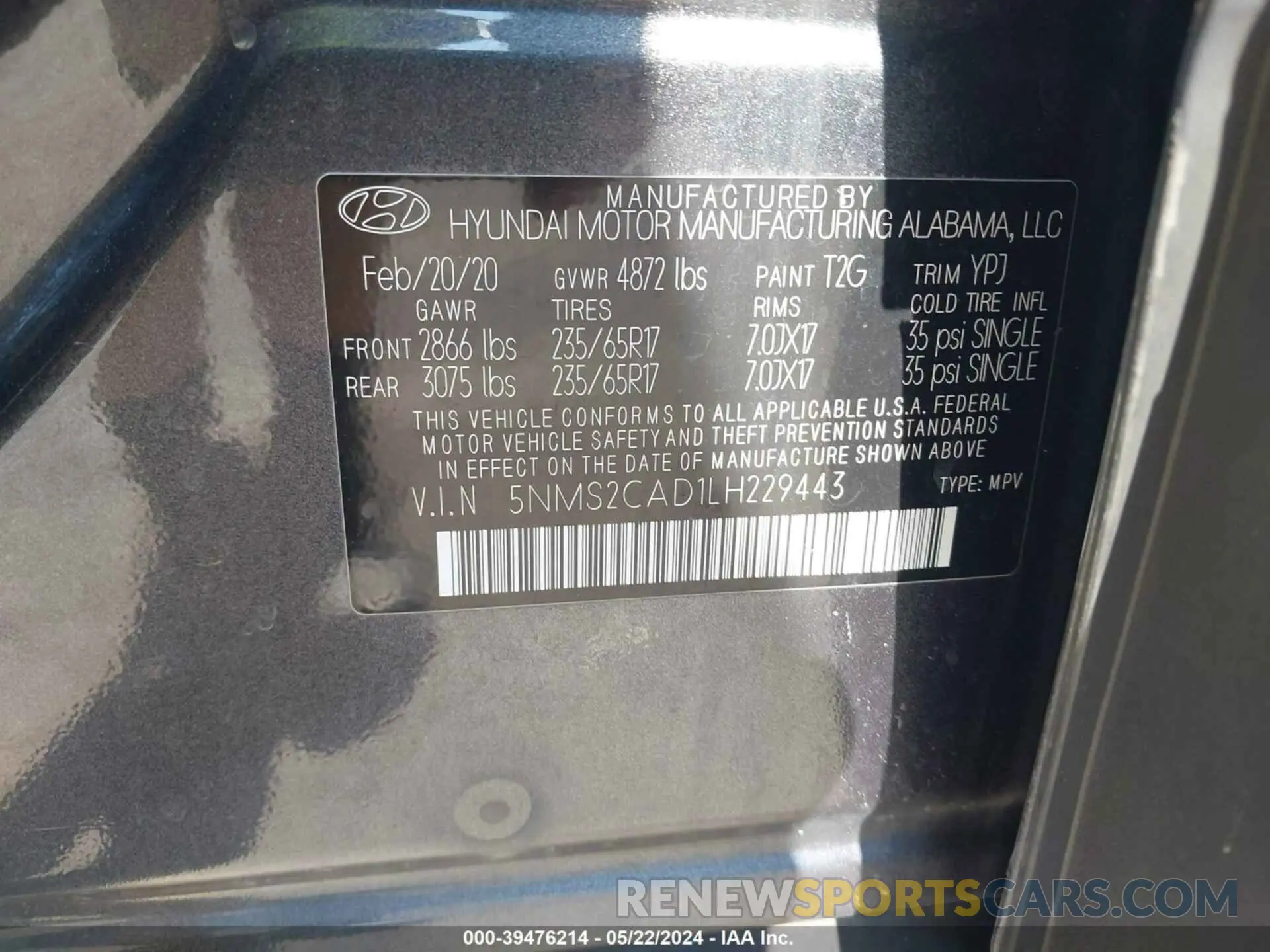 9 fotografías del automóvil dañado 5NMS2CAD1LH229443 HYUNDAI SANTA FE 2020