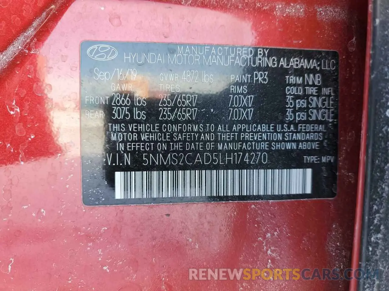 15 fotografías del automóvil dañado 5NMS2CAD5LH174270 HYUNDAI SANTA FE 2020