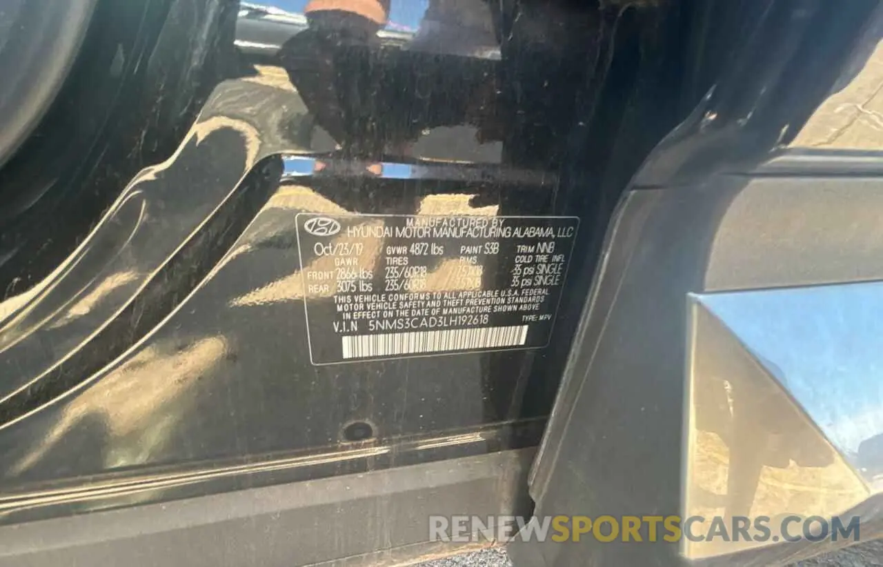 10 fotografías del automóvil dañado 5NMS3CAD3LH192618 HYUNDAI SANTA FE 2020