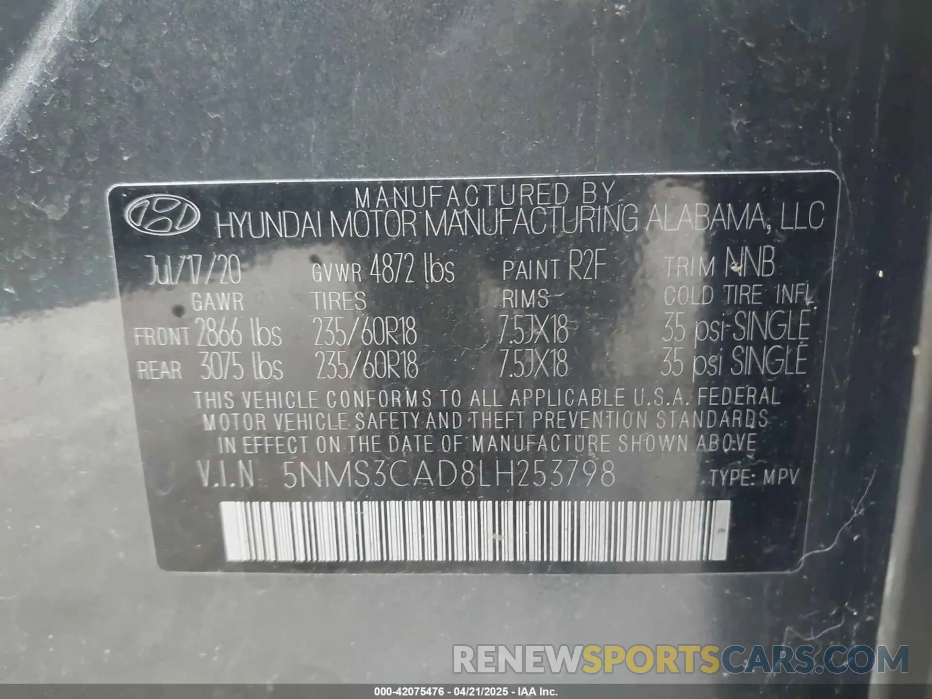 9 fotografías del automóvil dañado 5NMS3CAD8LH253798 HYUNDAI SANTA FE 2020
