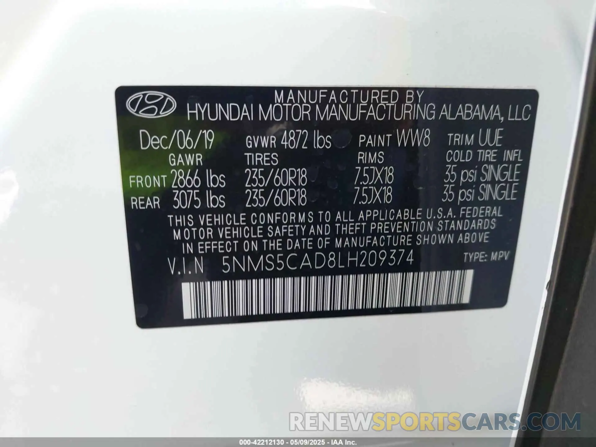 9 fotografías del automóvil dañado 5NMS5CAD8LH209374 HYUNDAI SANTA FE 2020