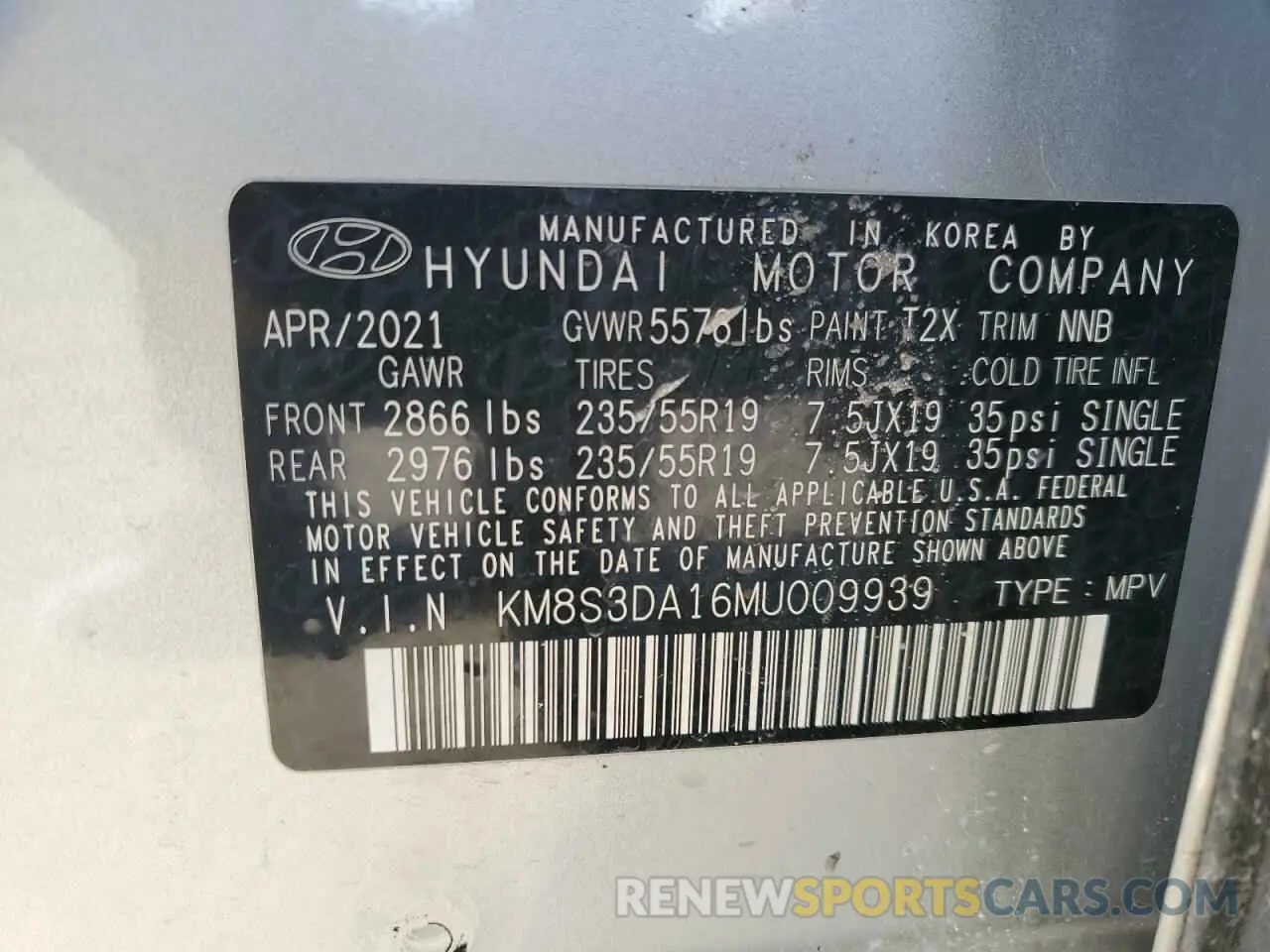 13 fotografías del automóvil dañado KM8S3DA16MU009939 HYUNDAI SANTA FE 2021