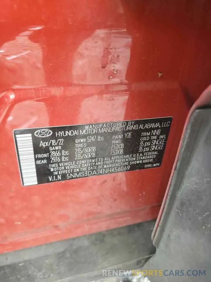 15 fotografías del automóvil dañado 5NMS3DAJ4NH456069 HYUNDAI SANTA FE 2022