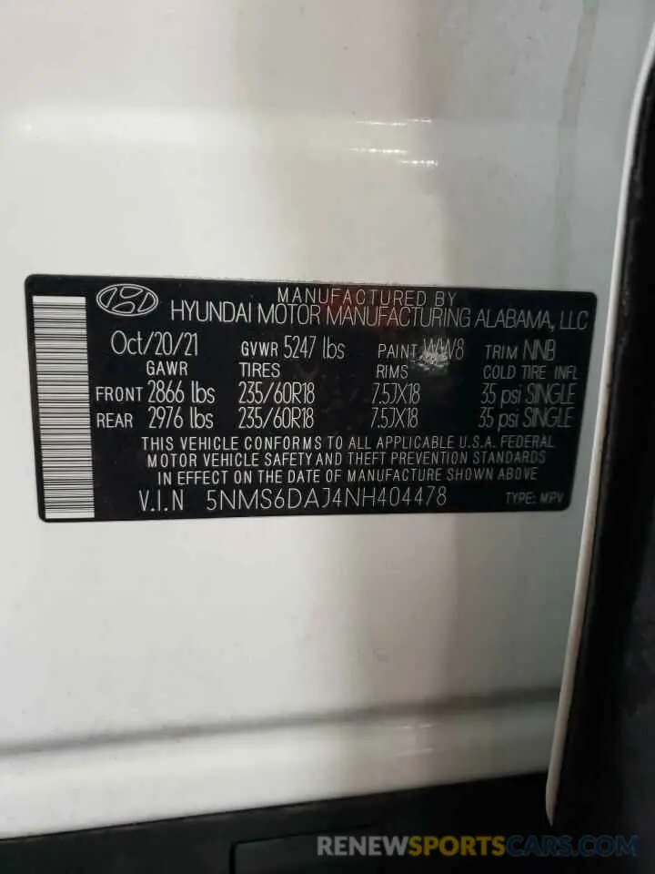 12 fotografías del automóvil dañado 5NMS6DAJ4NH404478 HYUNDAI SANTA FE 2022
