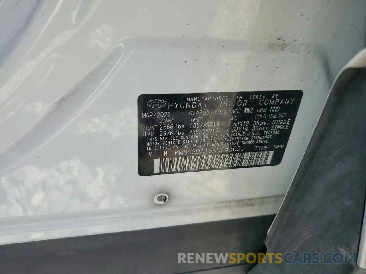12 fotografías del automóvil dañado KM8S3DA15NU043095 HYUNDAI SANTA FE 2022