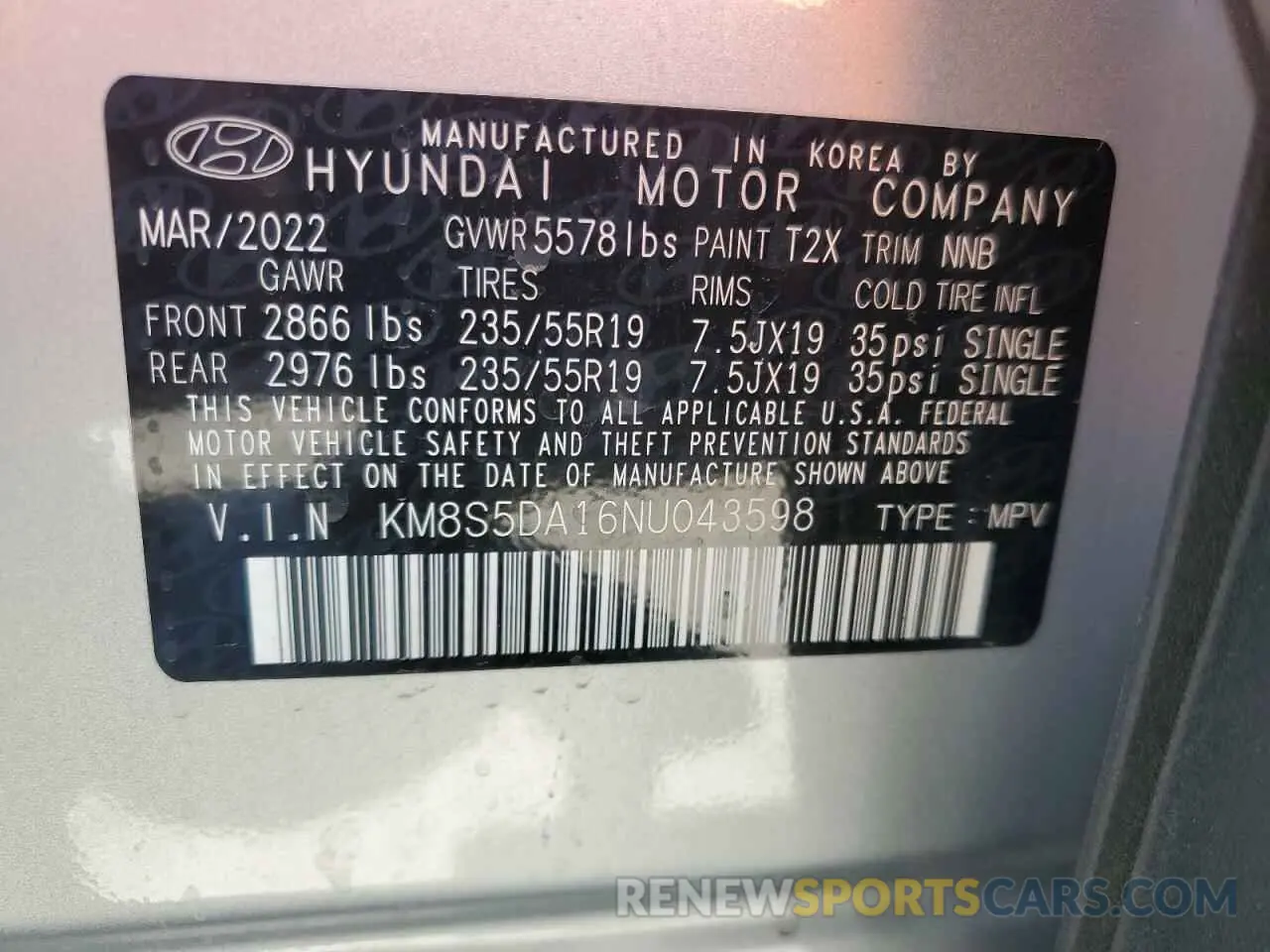 13 fotografías del automóvil dañado KM8S5DA16NU043598 HYUNDAI SANTA FE 2022