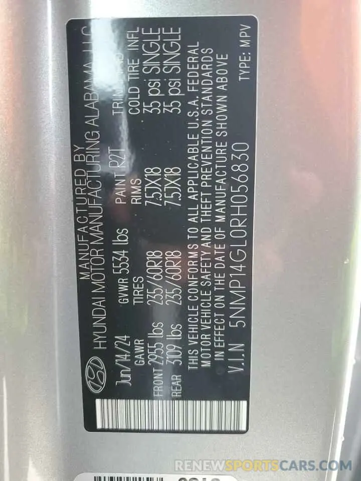 14 fotografías del automóvil dañado 5NMP14GL0RH056830 HYUNDAI SANTA FE 2024