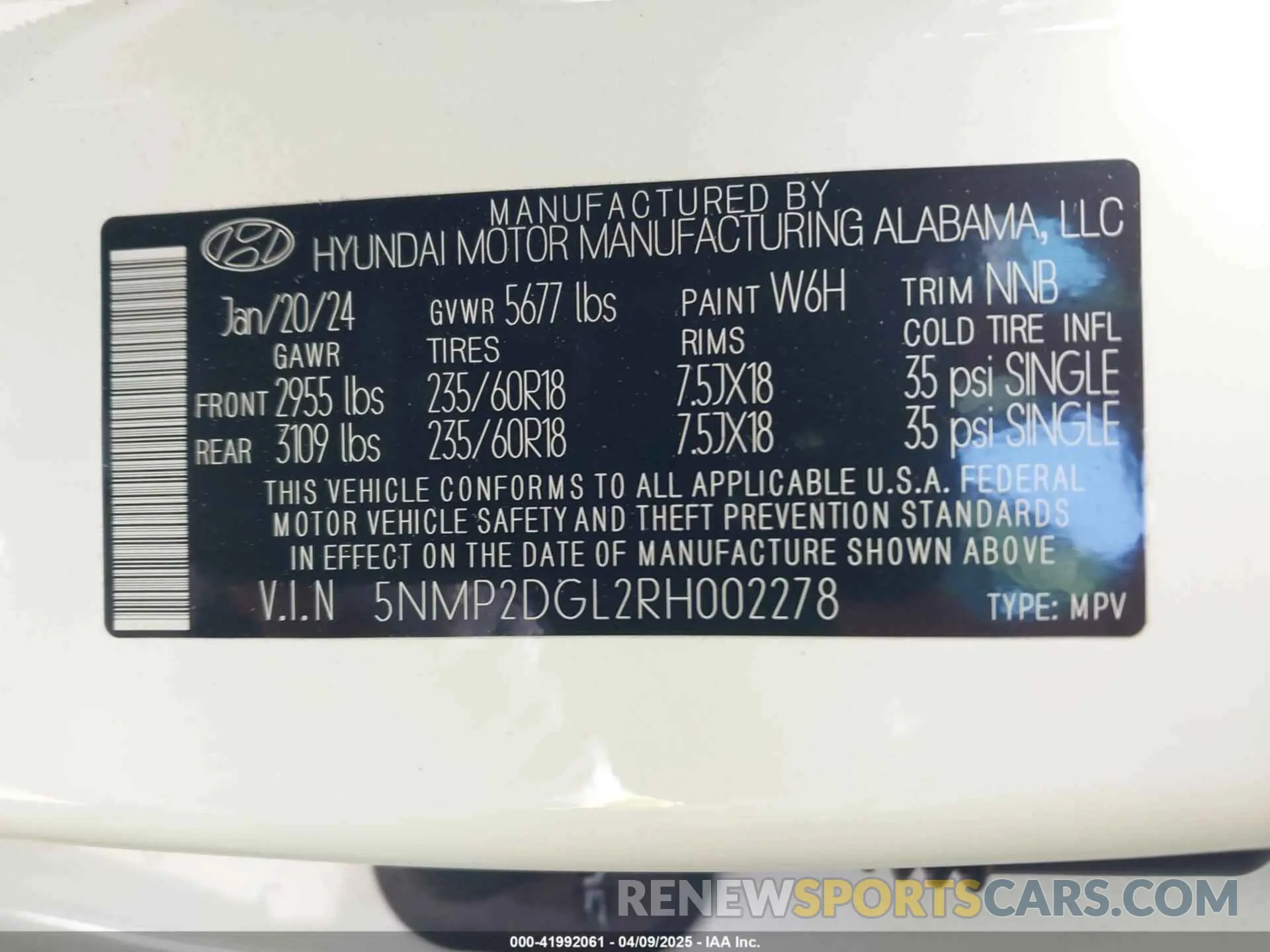 9 fotografías del automóvil dañado 5NMP2DGL2RH002278 HYUNDAI SANTA FE 2024