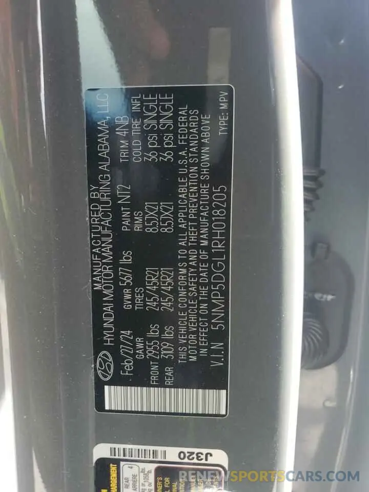 13 fotografías del automóvil dañado 5NMP5DGL1RH018205 HYUNDAI SANTA FE 2024