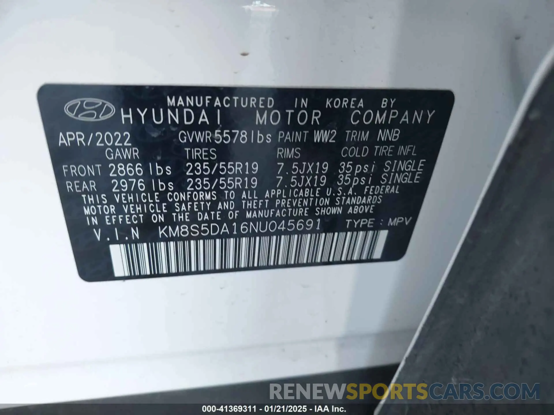 9 fotografías del automóvil dañado KM8S5DA16NU045691 HYUNDAI SANTA FE HYBRID 2022