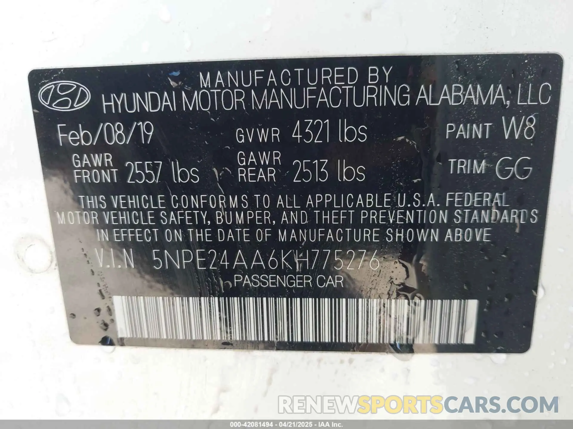 9 fotografías del automóvil dañado 5NPE24AA6KH775276 HYUNDAI SONATA 2019