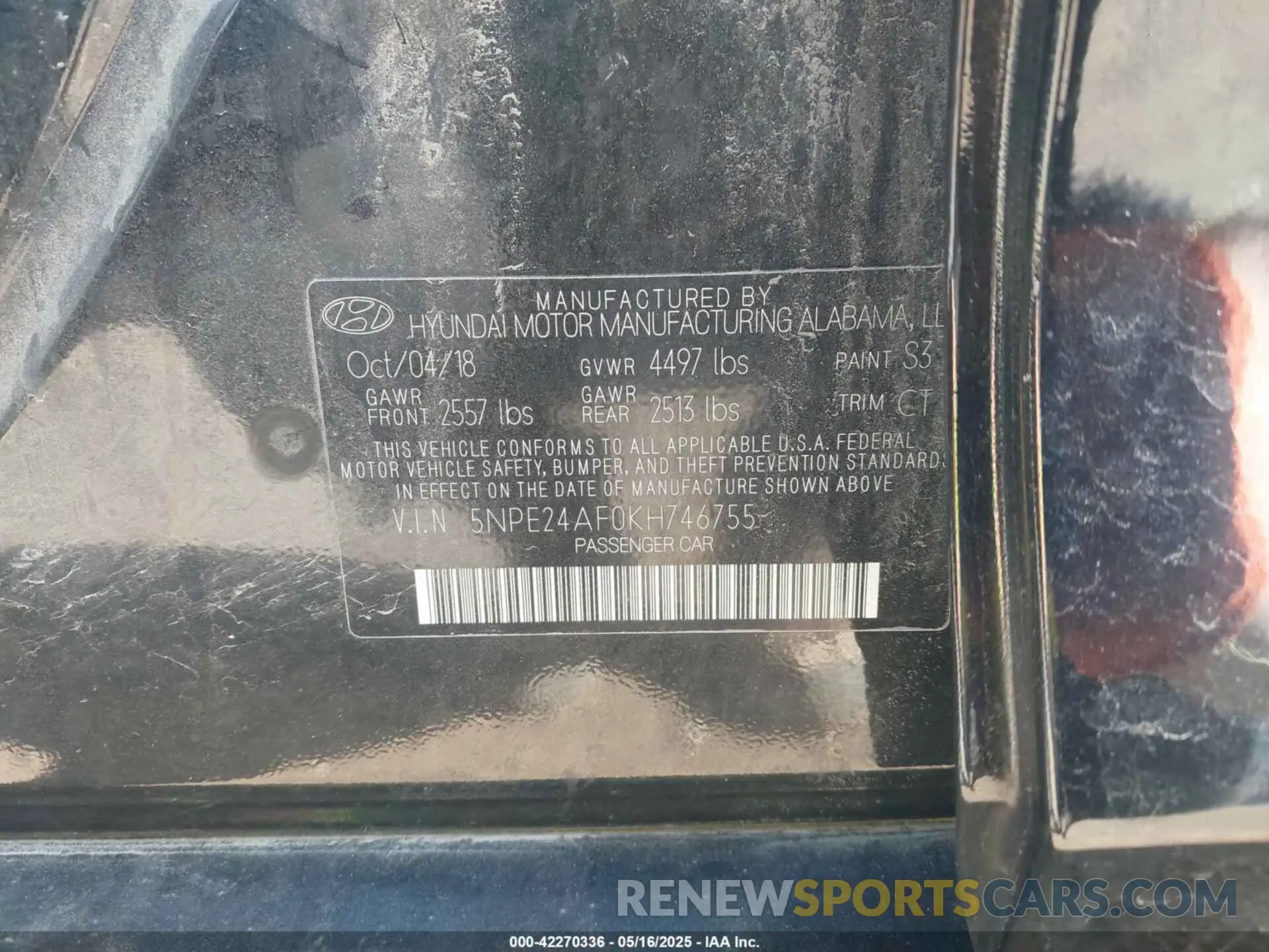 9 fotografías del automóvil dañado 5NPE24AF0KH746755 HYUNDAI SONATA 2019