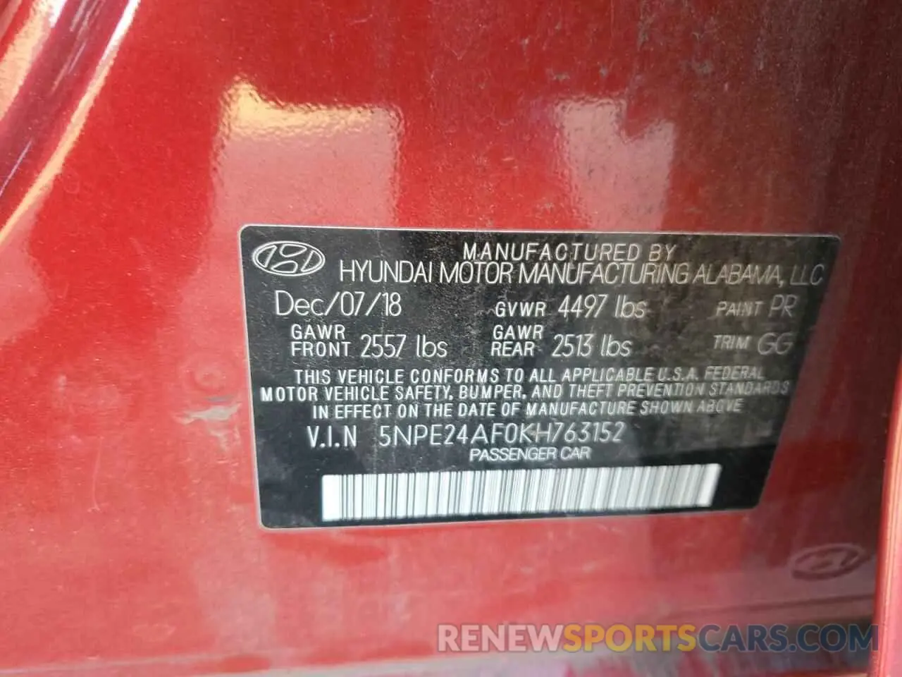 12 fotografías del automóvil dañado 5NPE24AF0KH763152 HYUNDAI SONATA 2019