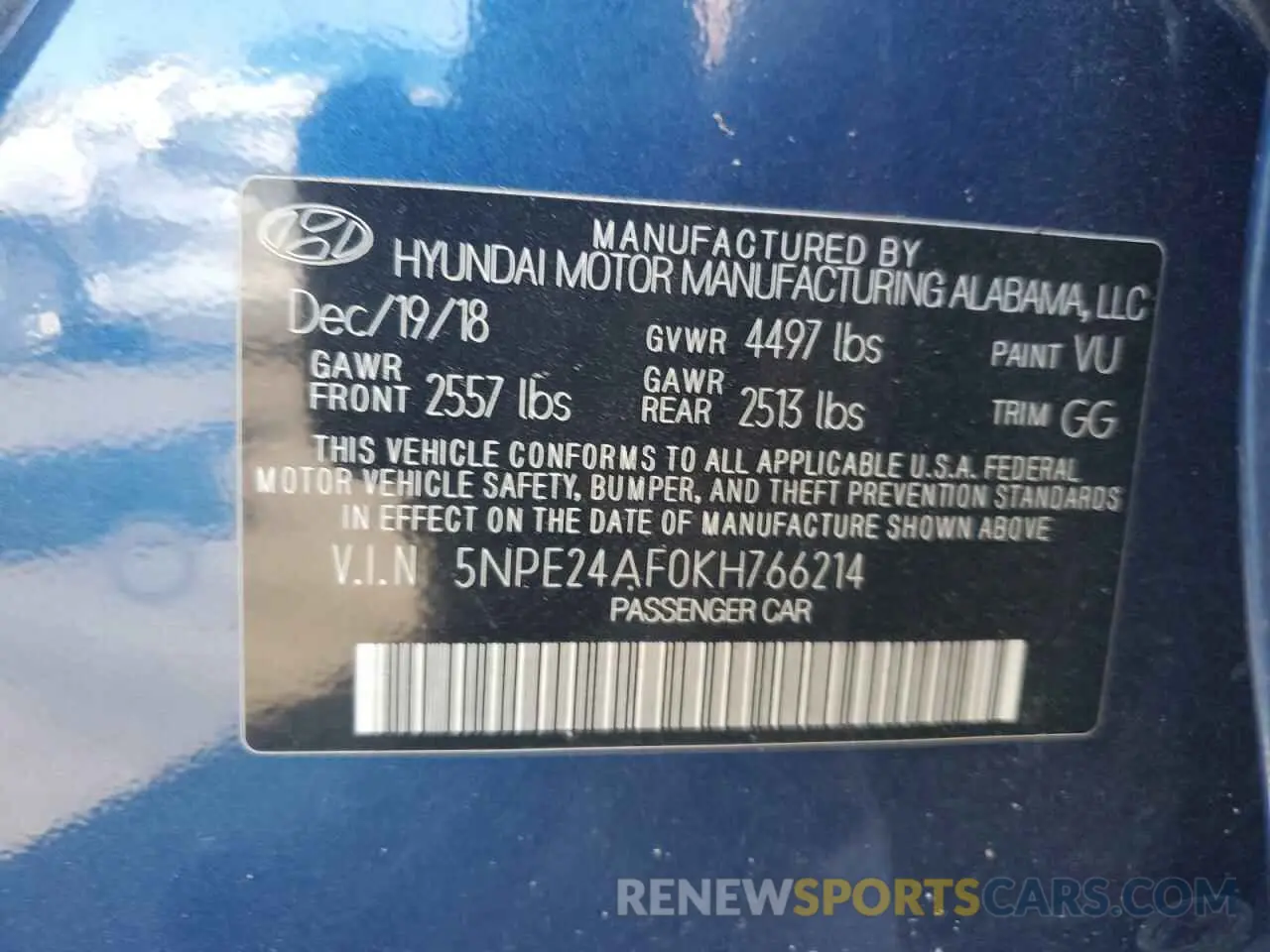 12 fotografías del automóvil dañado 5NPE24AF0KH766214 HYUNDAI SONATA 2019