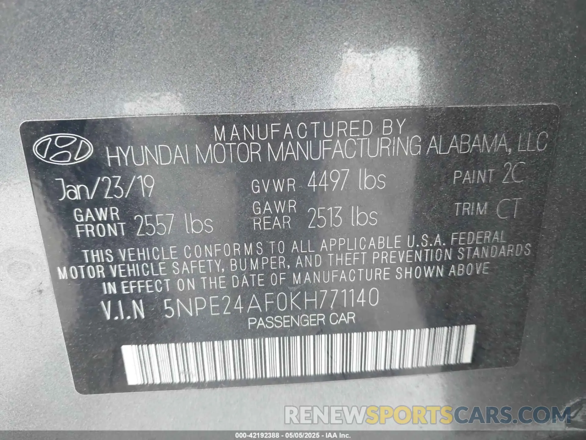 9 fotografías del automóvil dañado 5NPE24AF0KH771140 HYUNDAI SONATA 2019
